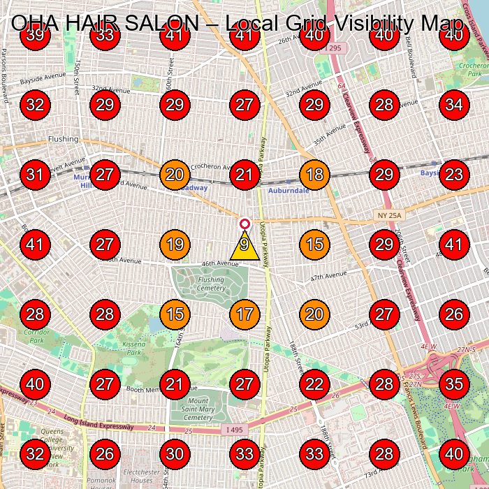 OHA HAIR SALON GeoGrid visibility map for Beauty Salon in Queens